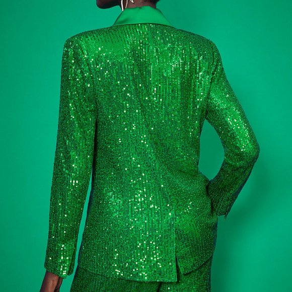 NWT New York and Company Green Sequins Double Breasted Blazer sz Medium M satin - Picture 2 of 5